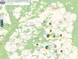 Zrzut ekranu Krajowej Mapy Zagrożenia Bezpieczeństwa przedstawiający liczbę zgłoszeń naniesionych przez mieszkańców powiatu sępoleńskiego od początku roku 2023 .